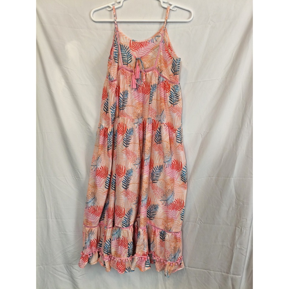 America & Beyond Tropical Palm Leaf Tiered Maxi Dress Pom Pom Hem Pink XL - Picture 2 of 9